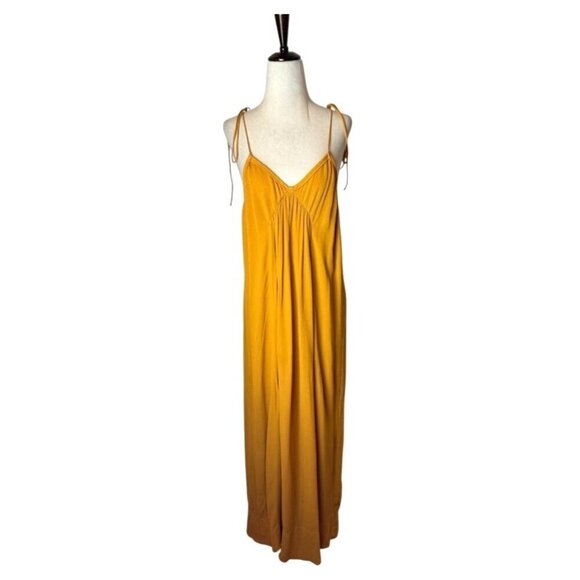 Zara Dress Women Small Mustard Yellow V Neckline Strappy Shoulders Pleated Maxi - Picture 2 of 13